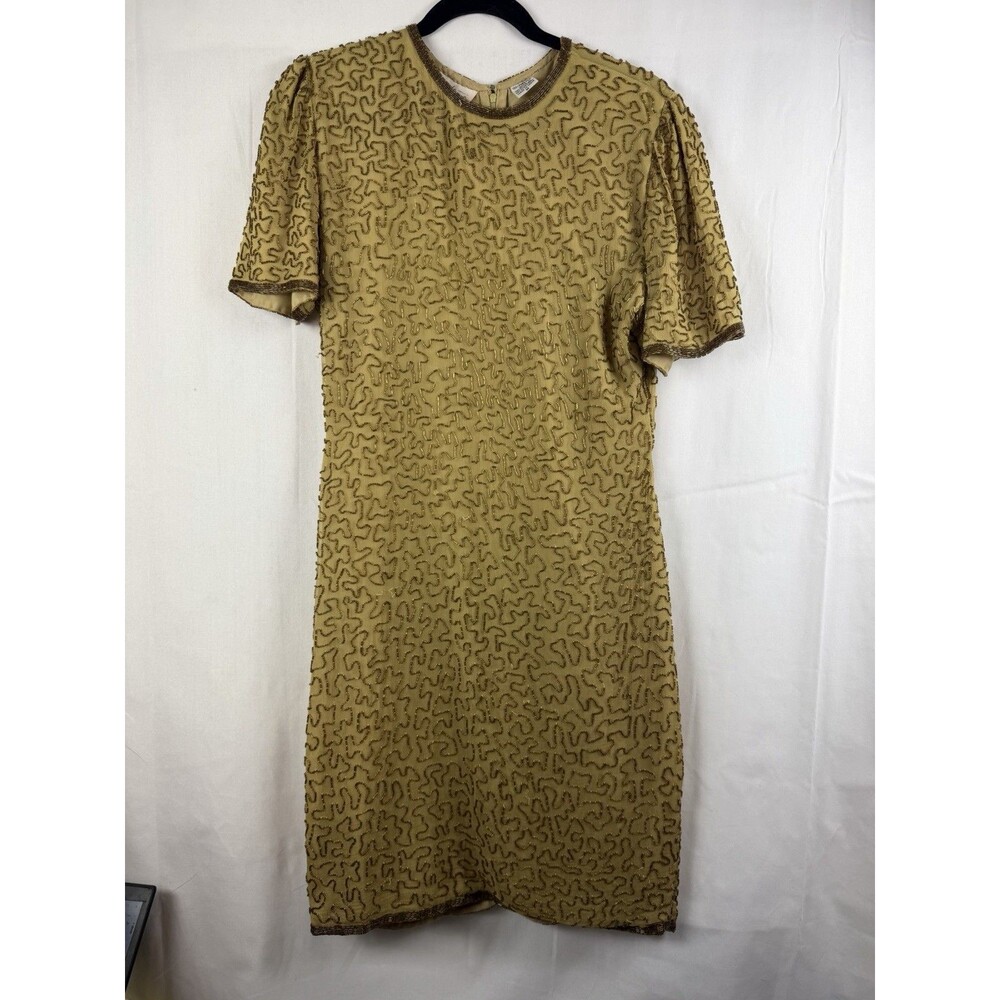 Vintage Laurence Kazar Medium Gold Silk Beaded Formal Sheath Dress Knee Length